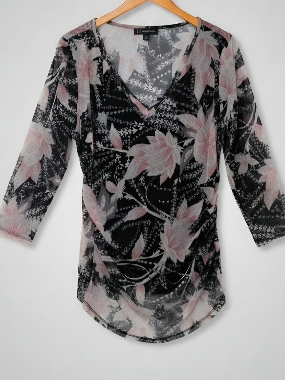 INC International Concepts Black Sheer Floral V-Neck Top with Pink Accents XL
